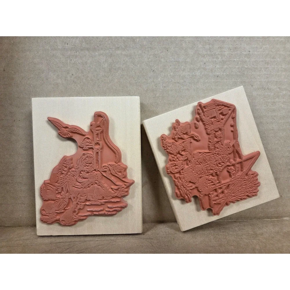 Tasha Tudor Rubber Wooden Block Rubber Ink Stamp Christmas Holiday Winter Set